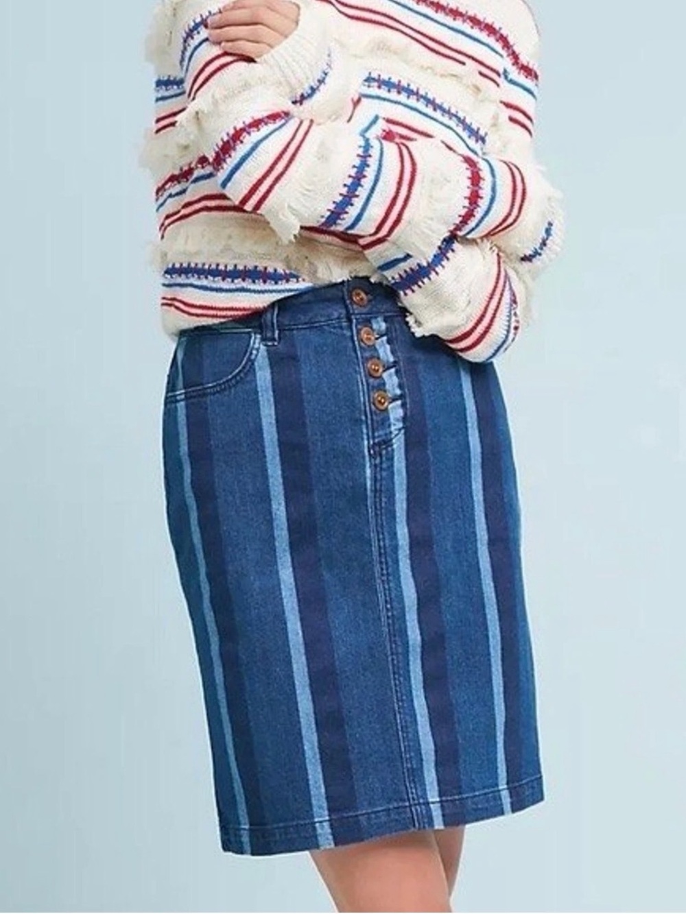 Maeve by Anthropologie Blue Striped Denim Pencil Skirt. Size 0